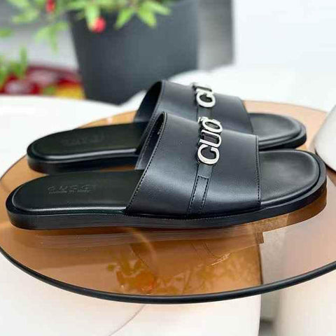 Men’s Luxury Black Leather Slides  Iconic Comfort and Style