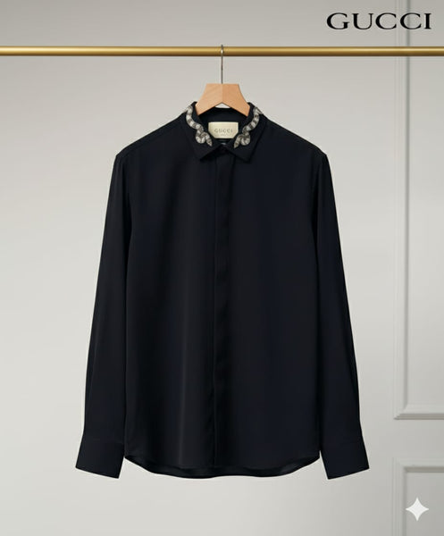 Premium Men's Black Embellished Collar Dress Shirt