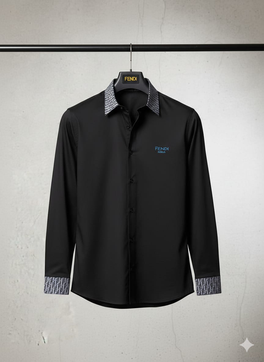 Black Luxury Shirt with Signature Patterned Collar & Cuffs