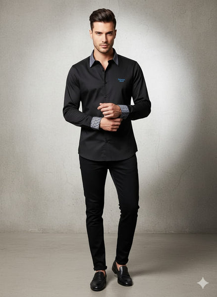 Black Luxury Shirt with Signature Patterned Collar & Cuffs