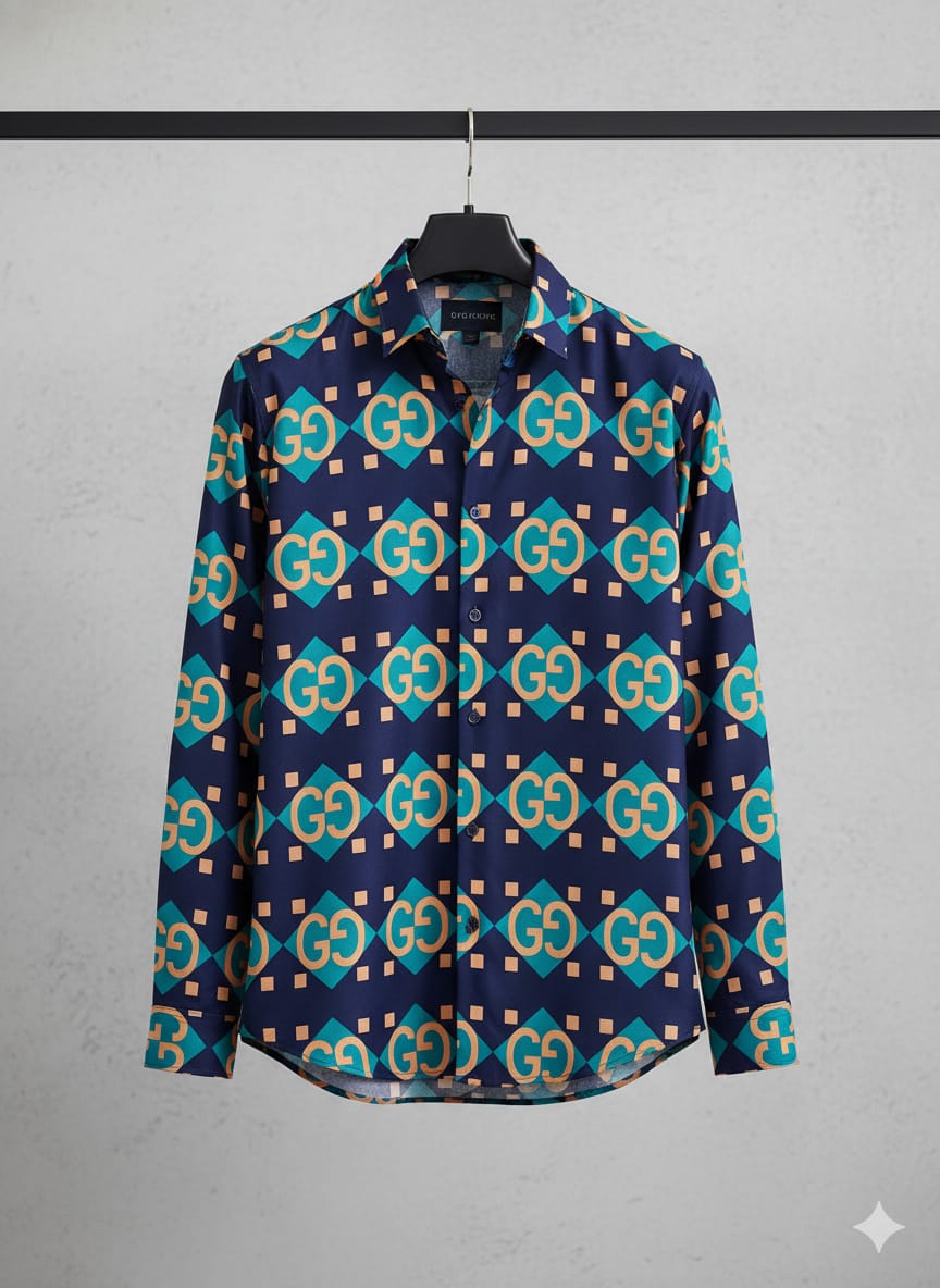 Geometric GG Pattern  Shirt Navy & Teal Luxury Edition