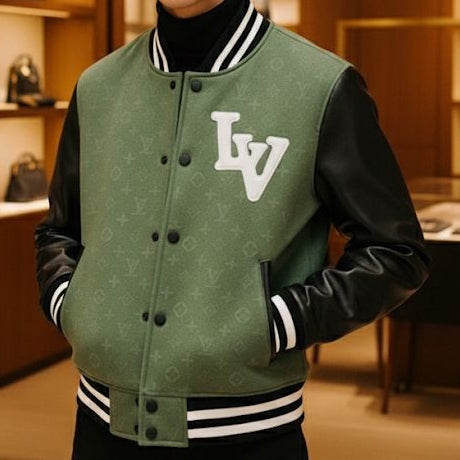 Premium Olive Green  Jacket with Black Leather Sleeves