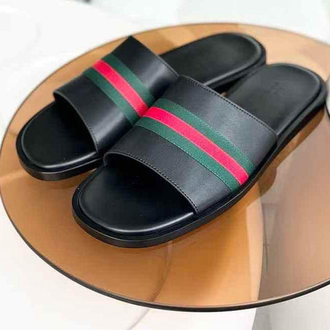 Luxury Black Slide Sandals with Signature Red-Green Stripe Detailing