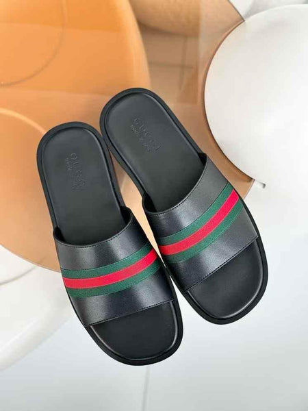 Luxury Black Slide Sandals with Signature Red-Green Stripe Detailing