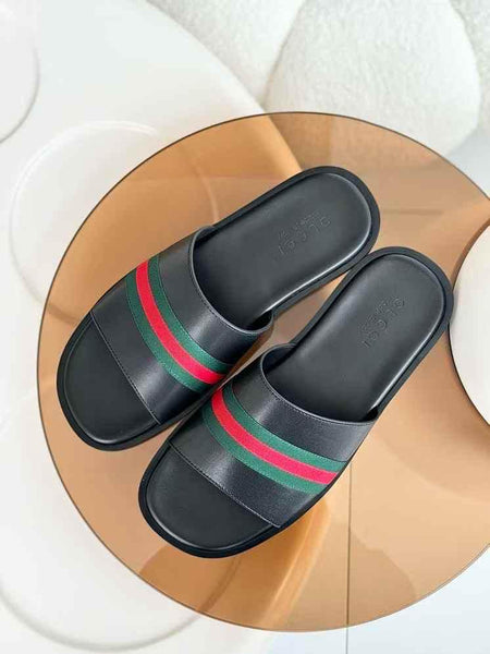 Luxury Black Slide Sandals with Signature Red-Green Stripe Detailing