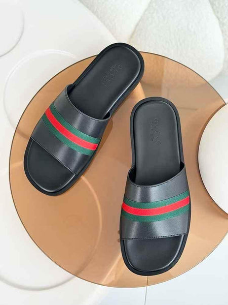 Luxury Black Slide Sandals with Signature Red-Green Stripe Detailing
