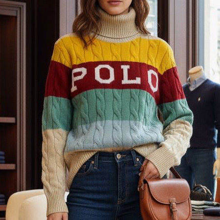 Women Multicolour Stripes Knit Turtleneck Sweater