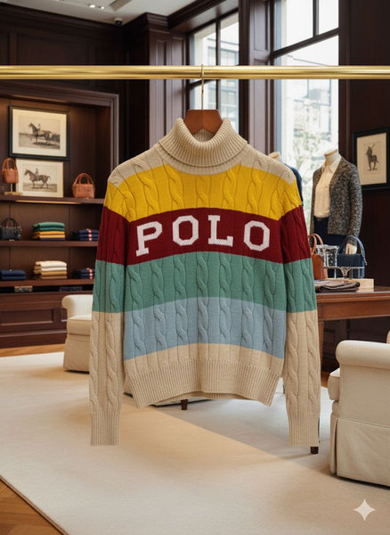 Women Multicolour Stripes Knit Turtleneck Sweater