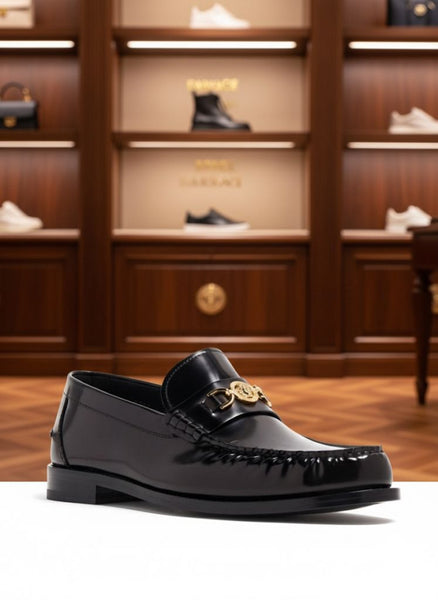 Luxury Black Leather Shoes with Gold Emblem