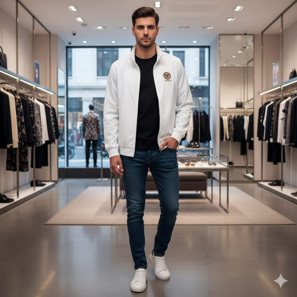 Luxury White Designer Zip-Up Jacket with Signature Emblem