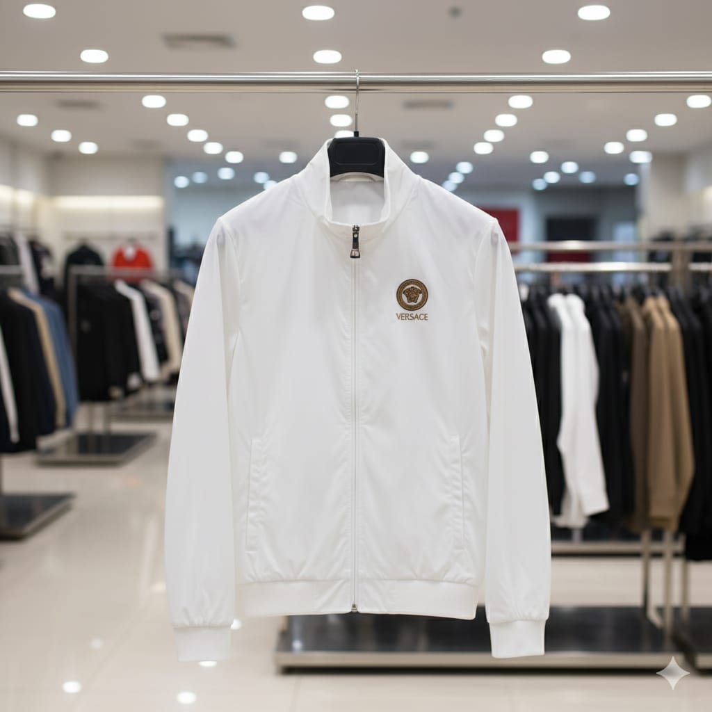 Luxury White Designer Zip-Up Jacket with Signature Emblem
