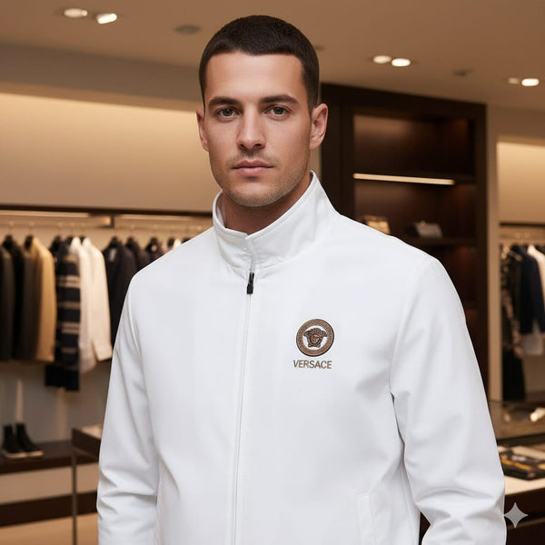 Luxury White Designer Zip-Up Jacket with Signature Emblem