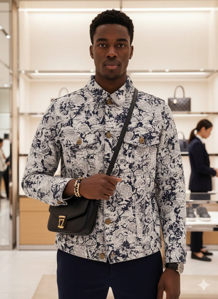Luxury Floral Denim Jacket – Elegant Monogram-Inspired Design