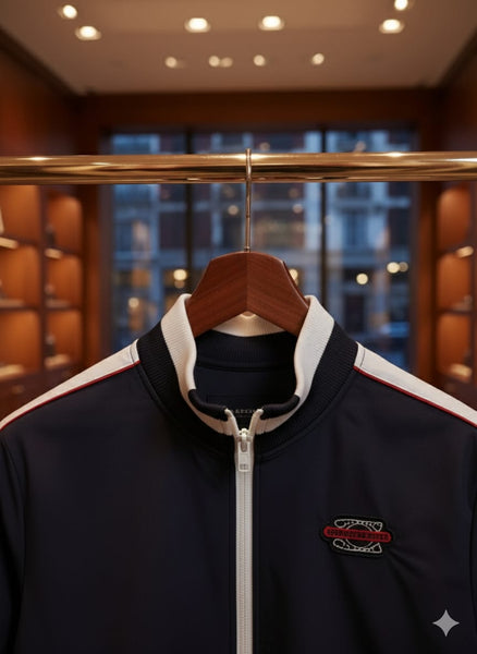 Luxury Navy Track Jacket with Retro Sport Detailing