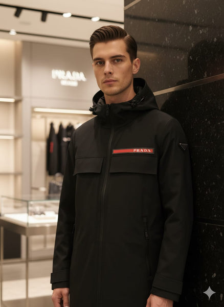 Branded  Black Technical Hooded Jacket  Luxury Performance Meets Minimalist Design