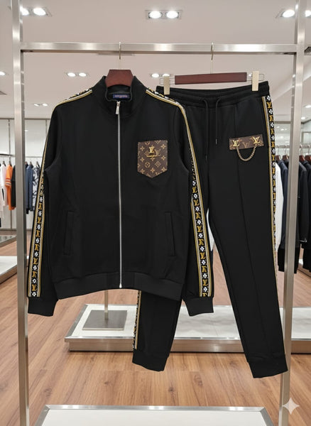 Luxury  Monogram Trim Black Tracksuit with Signature Detailing