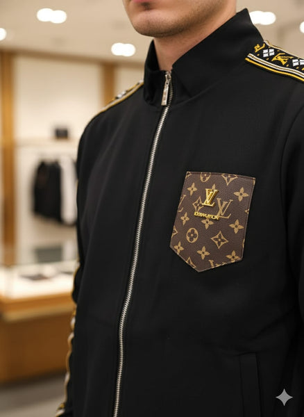 Luxury  Monogram Trim Black Tracksuit with Signature Detailing