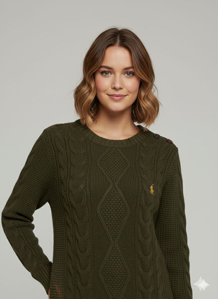 Olive Green Cable-Knit Sweater Dress for Women