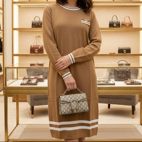 Premium Knitted Beige Dress with Gold Accent Pocket for Women