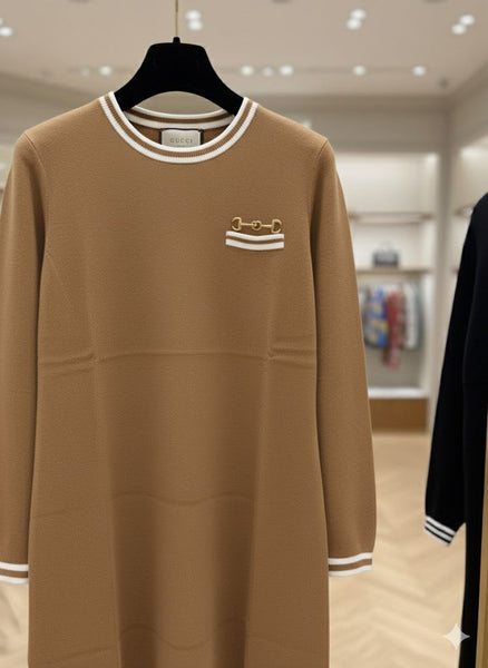 Premium Knitted Beige Dress with Gold Accent Pocket for Women