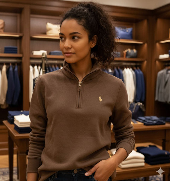 Women’s Classic Brown Quarter-Zip Pullover with Signature