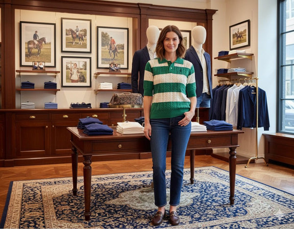 Green and Ivory Cable-Knit Striped Polo Classic Casual Eleganc