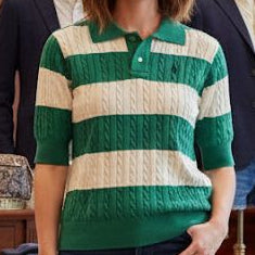 Green and Ivory Cable-Knit Striped Polo Classic Casual Eleganc