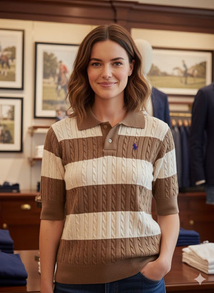 Women’s Brown & White Striped Cable-Knit Polo Tee