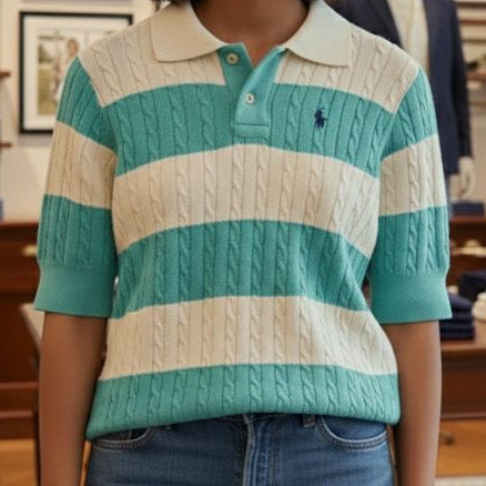 Luxury Skyblue and White Cable-Knit Striped Polo