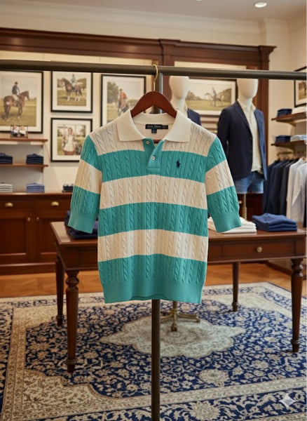 Luxury Skyblue and White Cable-Knit Striped Polo