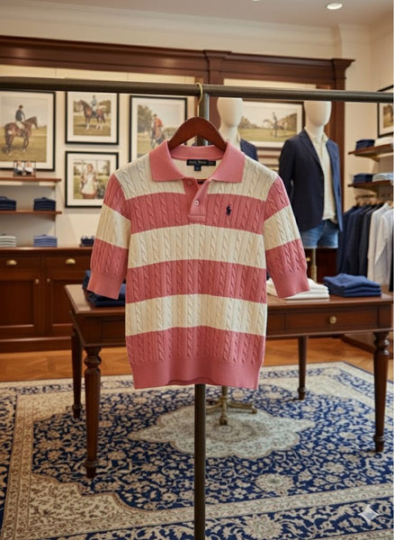 Women’s Pink & White Striped Cable-Knit Polo Tee