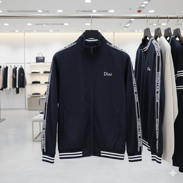 Luxury Black Brand Signature Track Jacket with Logo Tape Sleeves