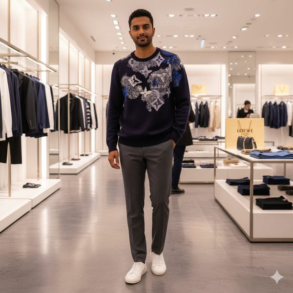 Luxurious Navy Designer Pullover with Artistic Monogram Pattern