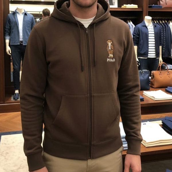 Luxury Classic Brown Polo Bear Zip-Up Hoodie