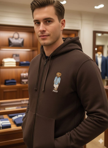 Premium Classic Brown Embroidered Bear Zip-Up Hoodie