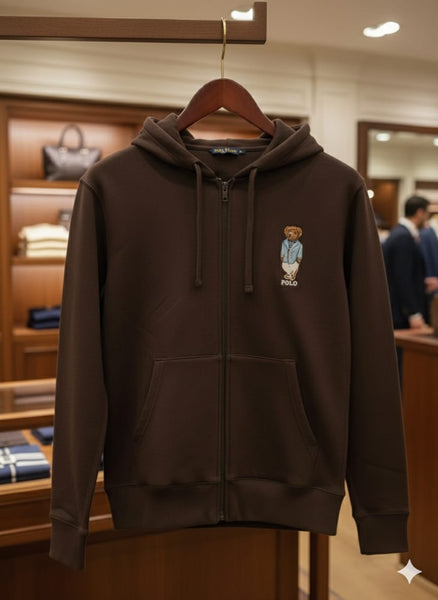 Premium Classic Brown Embroidered Bear Zip-Up Hoodie