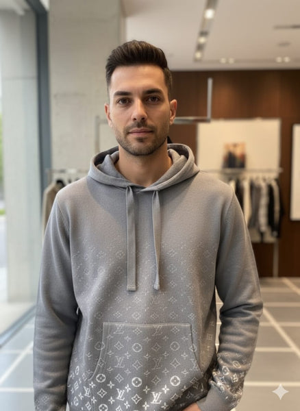 Elegant Grey Designer Hoodie with Signature Pattern