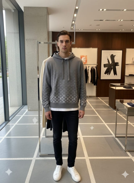 Elegant Grey Designer Hoodie with Signature Pattern