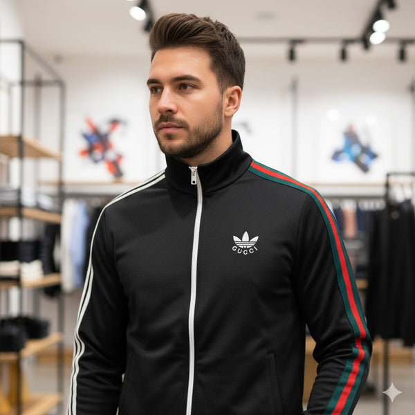 Men Black Athletic Track Jacket – Multi-Stripe Sleeve Design