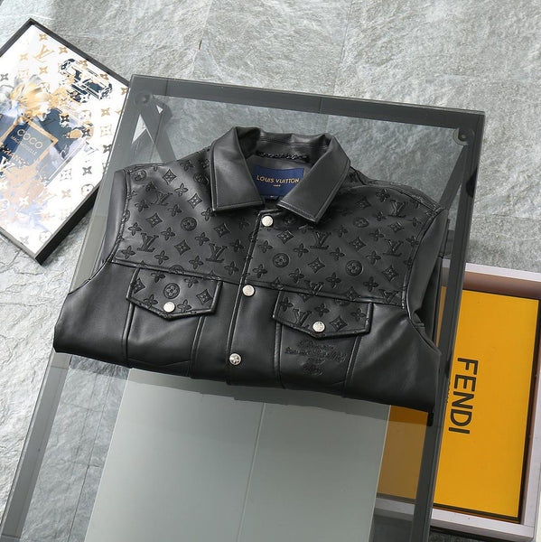 Premium Black Leather Jacket with Signature Monogram Design
