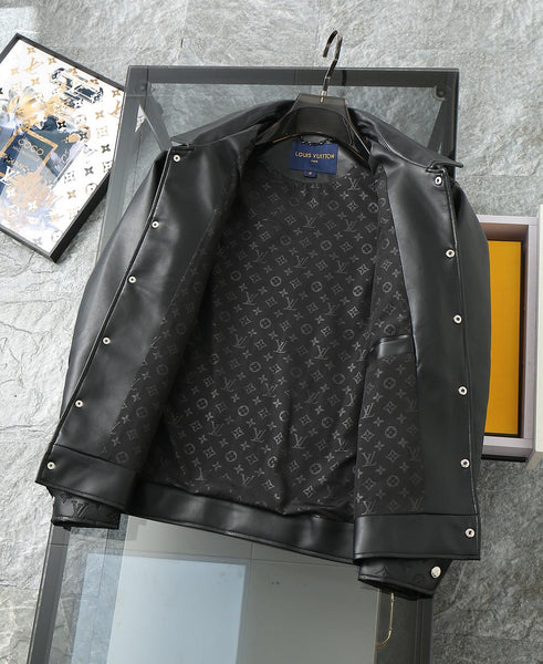 Premium Black Leather Jacket with Signature Monogram Design