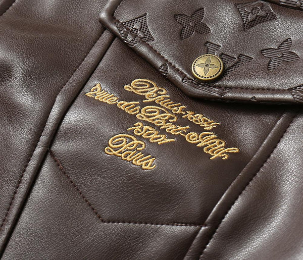 Luxurious Brown Leather Jacket with Monogram Pattern