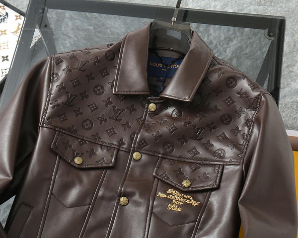 Luxurious Brown Leather Jacket with Monogram Pattern