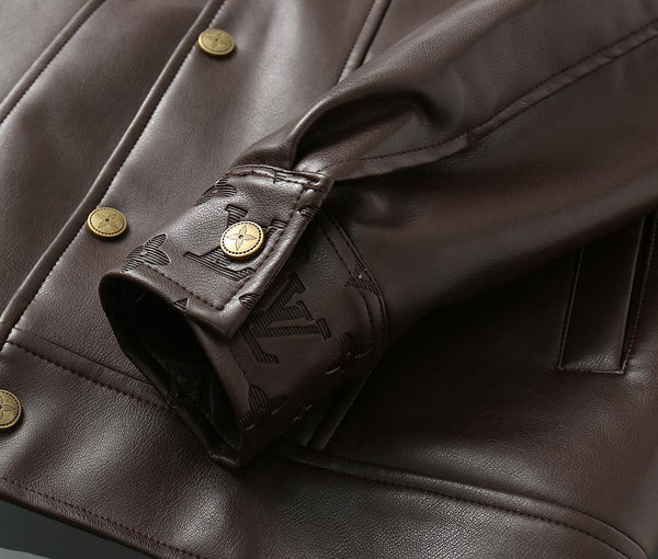 Luxurious Brown Leather Jacket with Monogram Pattern