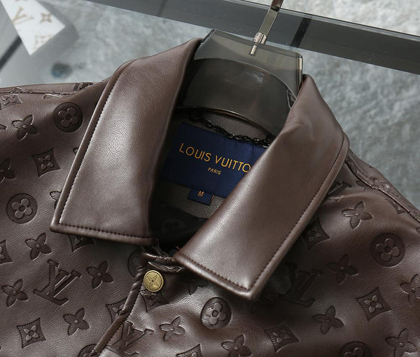 Luxurious Brown Leather Jacket with Monogram Pattern