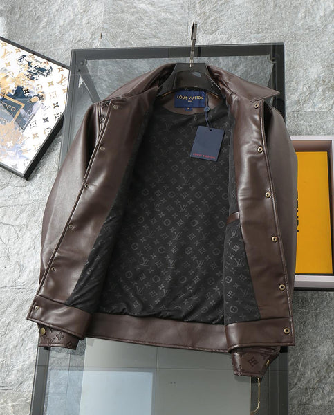 Luxurious Brown Leather Jacket with Monogram Pattern
