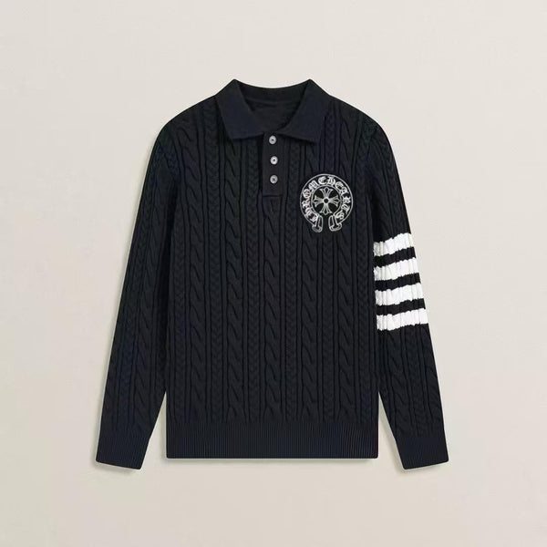Luxury Black Cable Knit Rugby Polo Sweater