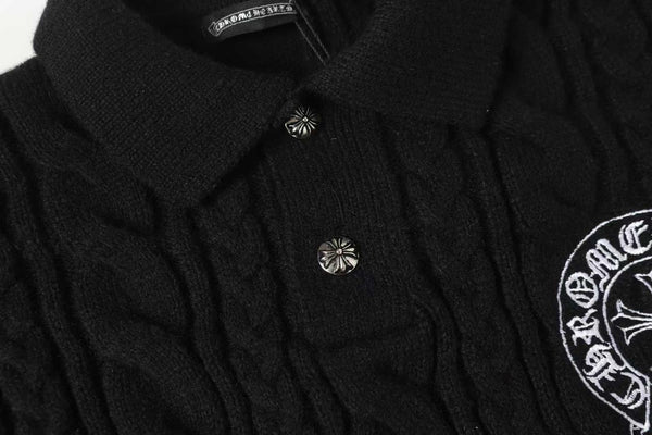 Luxury Black Cable Knit Rugby Polo Sweater