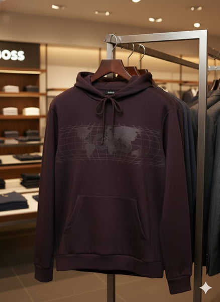 Men's Dark Plum Hoodie with Global Map Graphic