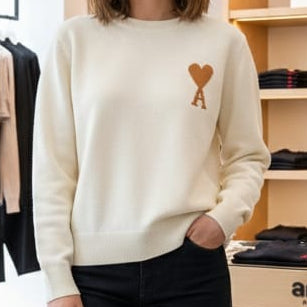 Premium Cream Knit Sweater with Heart “A” Chest Logo